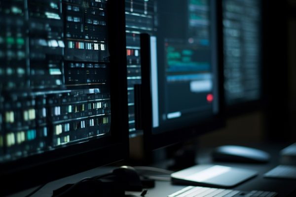Futuristic computer lab with network servers working generated by artificial intelligence